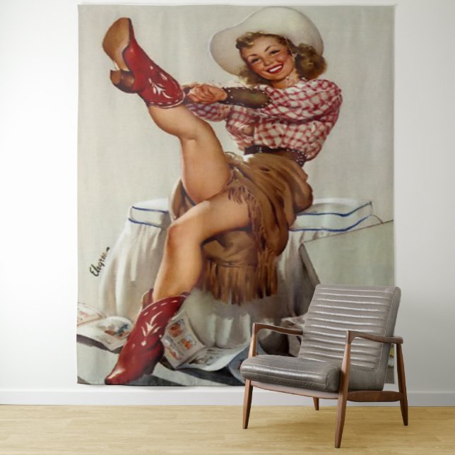 Vintager Western Cowgirl beim Anziehen von Rottöhr Wandteppich (Beispiel)