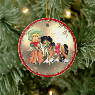 Vintager Western Cowgirl Kind und Pferd Keramik Ornament