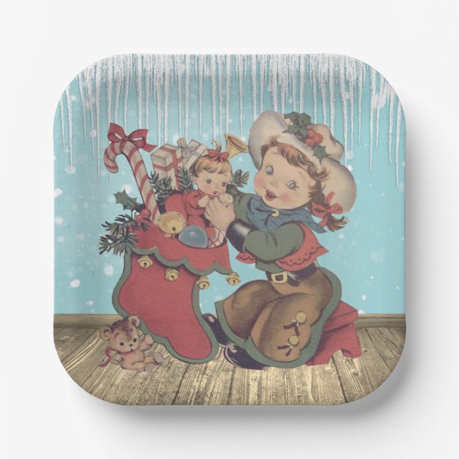 Vintager Western Cowgirl Kind und Weihnachts-Strum Pappteller (Vorderseite)