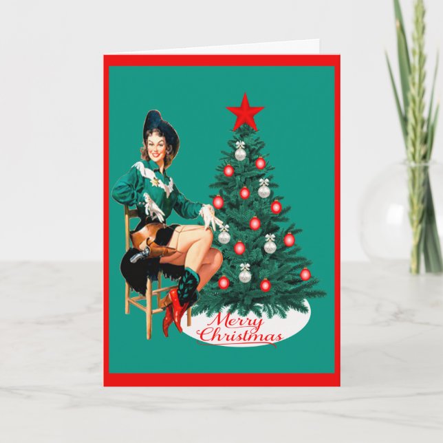 Vintager Western Cowgirl mit Weihnachtsbaum Feiertagskarte (Vorderseite)