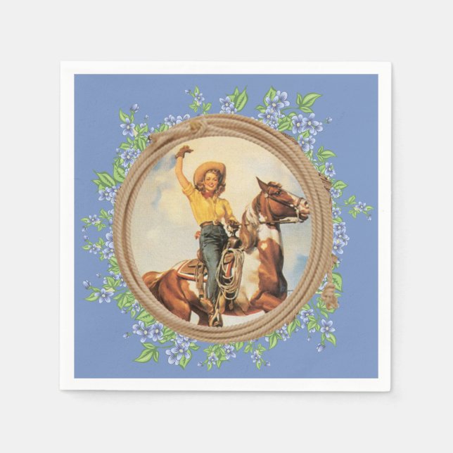 Vintager Western Cowgirl Pferd with Rope Blume Serviette (Vorderseite)