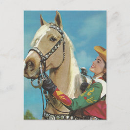 Vintager Western Cowgirl und Palomino Pferd Postkarte