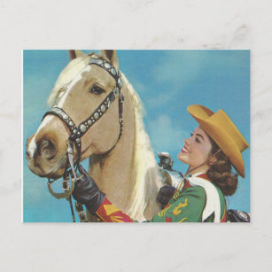 Vintager Western Cowgirl und Palomino Pferd Postkarte