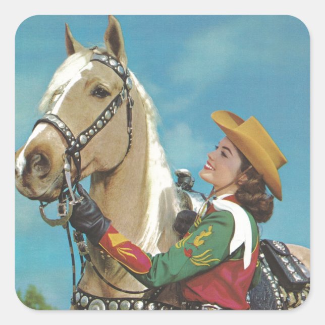 Vintager Western Cowgirl und Palomino Pferd Quadratischer Aufkleber (Vorderseite)