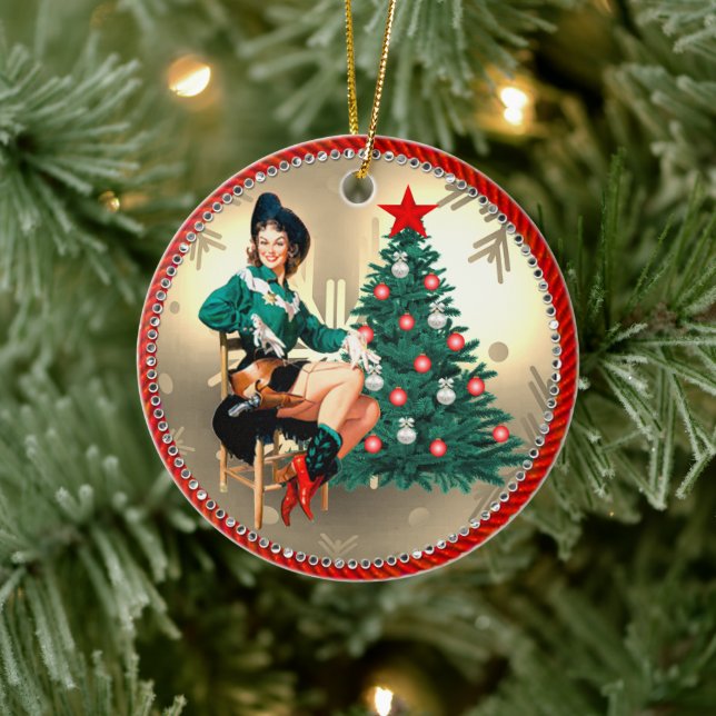 Vintager Western Cowgirl und Weihnachtsbaum Keramik Ornament (Baum)