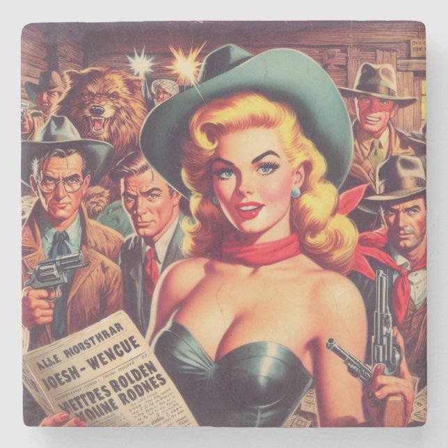 Vintager Western Pulp Girl Steinuntersetzer (Vorderseite)