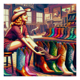Vintager Western Retro Cowgirl Boot Shopping Poster
