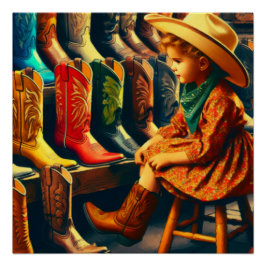 Vintager Western Retro Cowgirl Boot Shopping Poster