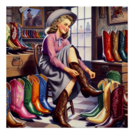 Vintager Western Retro Cowgirl Boot Shopping Poster