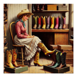 Vintager Western Retro Cowgirl Boot Shopping Poster
