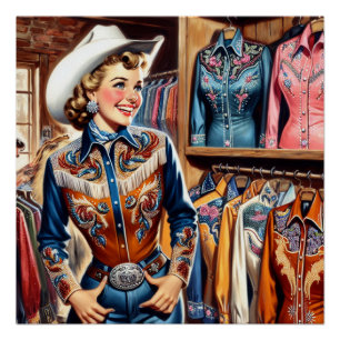 Vintager Western Retro Cowgirl Shirt Shopping Poster