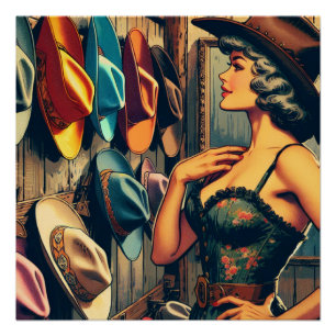 Vintager Western Retro Cowgirl Shopping für Hasen Poster