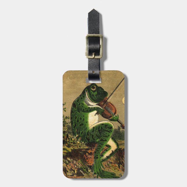 Vintager Whimsical Romantischer Frosch mit Geige Gepäckanhänger (Vorderseite vertikal)