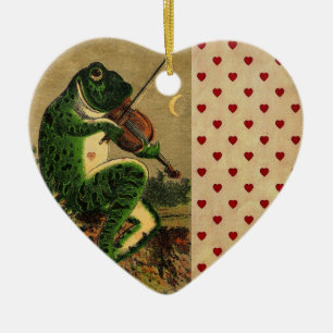 Vintager Whimsischer Romantischer Frosch mit Geige Keramik Ornament