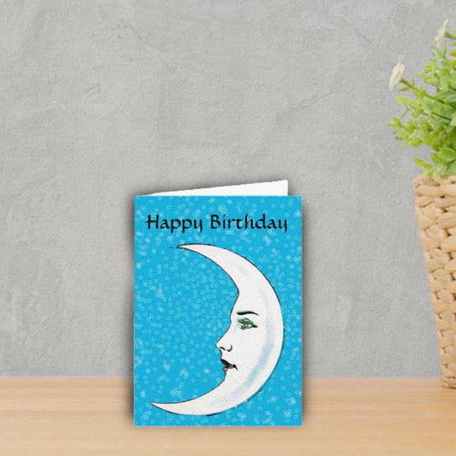 Vintager White Moon Face White Stars Geburtstag Karte (White Gothic looking crescent moon black lips white stars on vibrant blue Birthday greeting card.)