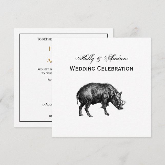 Vintager Wildschwein Zeichnend BW Einladung (Vorne/Hinten)