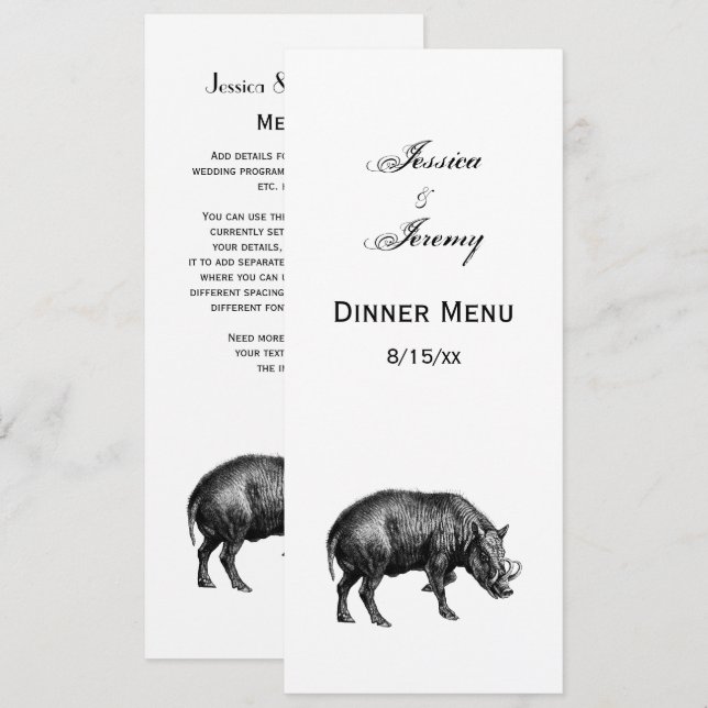 Vintager Wildschwein Zeichnend BW Einladung (Vorne/Hinten)