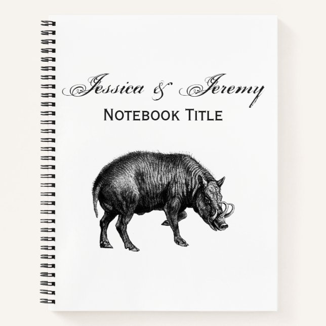 Vintager Wildschwein Zeichnend BW Notizbuch (Vorderseite)