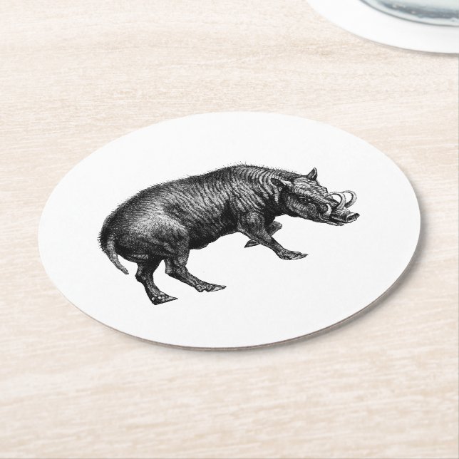 Vintager Wildschwein Zeichnend BW Runder Pappuntersetzer (Angewinkelt)
