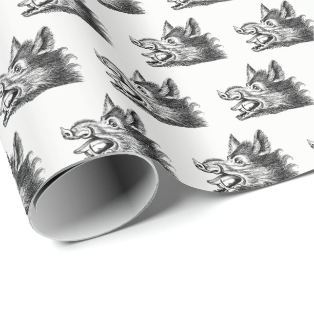 Vintager Wildschweinkopf Zeichne BW Geschenkpapier (Rolleneckpunkt)