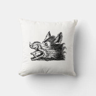 Vintager Wildschweinkopf Zeichne BW Kissen