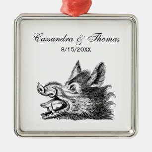 Vintager Wildschweinkopf Zeichne BW Ornament Aus Metall