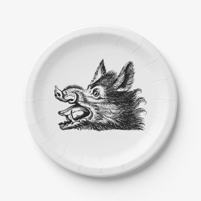 Vintager Wildschweinkopf Zeichne BW Pappteller (Vorderseite)