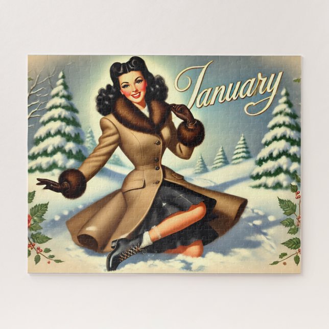 Vintager Winter - Brünettes Button im Januar Puzzle (Horizontal)