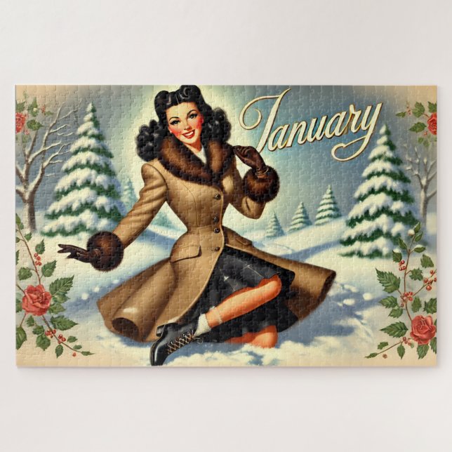 Vintager Winter - Brünettes Button im Januar Puzzle (Horizontal)