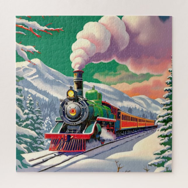 Vintager Winter-Dampfzug Puzzle (Vertikal)