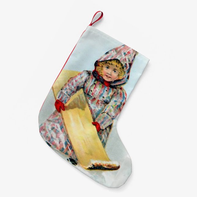 Vintager Winter-Sledding Mädchen Kleiner Weihnachtsstrumpf (Vorderansicht (hängend))