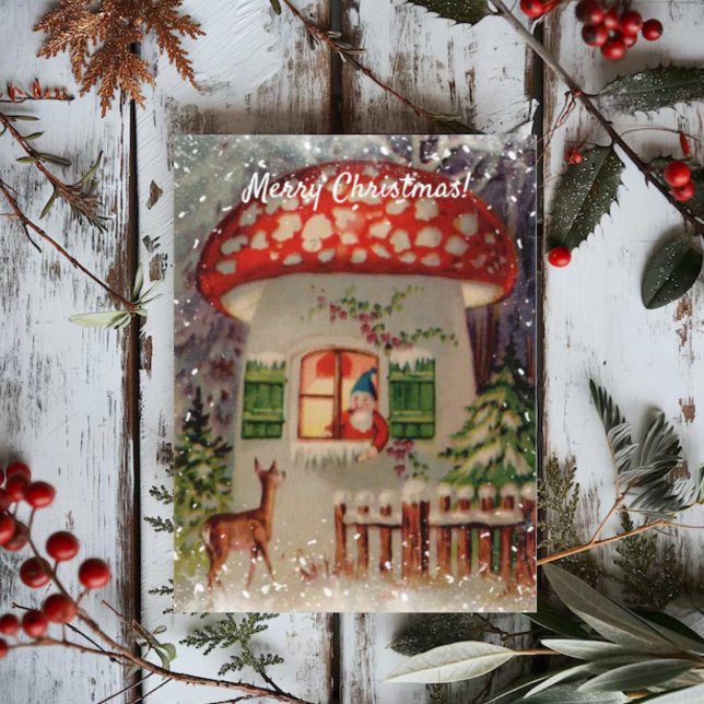 Vintager Wintergnome im Pilzsaal Weihnachten Postkarte (Von Creator hochgeladen)