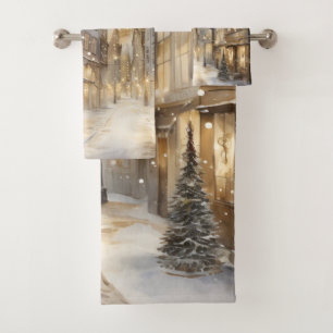 Vintager Winterschneefall im Stadtzentrum Badhandtuch Set