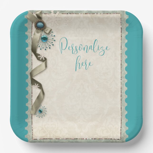 Vintager Winterschneeflockendampfer aquamarin Pappteller (Vorderseite)