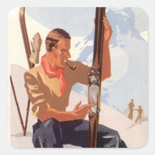 Vintager Wintersport - Justage der Skis Quadratischer Aufkleber