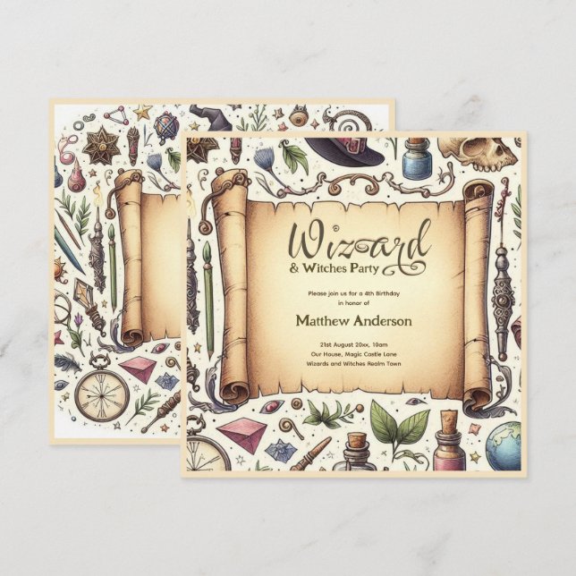 Vintager Zauberer Hexen Party Magical Wands Hats Einladung (Vorne/Hinten)