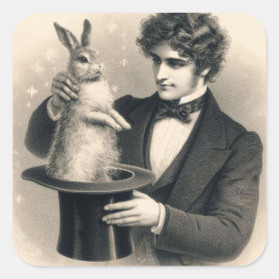 Vintager Zauberkünstler und Kaninchen-Zaubertrick Quadratischer Aufkleber