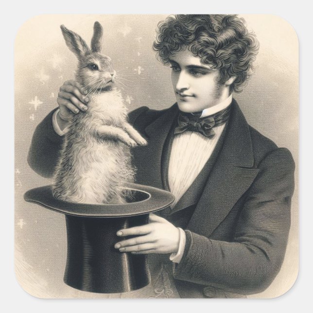 Vintager Zauberkünstler und Kaninchen-Zaubertrick Quadratischer Aufkleber (Vorderseite)