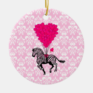 Vintager Zebra- und rosa Herzballon Keramikornament