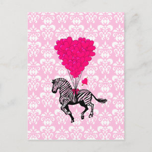 Vintager Zebra- und rosa Herzballon Postkarte