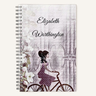 Vintager Zeichn einer jungen Dame auf einem Fahrra Notizbuch
