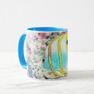 Vintager Zeichn von Blaugelben Fischen im Meer Tasse