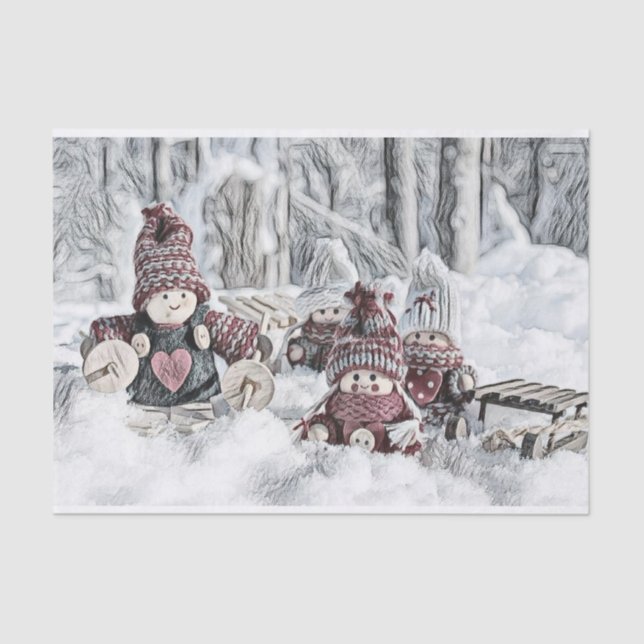 Vintager Zeichn von Gnomen im Schnee Seidenpapier (Vorderseite)