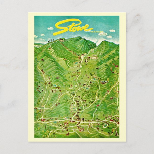 Vintager Zeichn von Stowe Vermont Postkarte (Vorderseite)