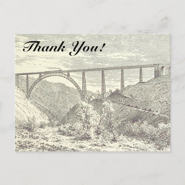 Vintager Zug auf Brücke, "Danke!" Postkarte (Vorderseite)