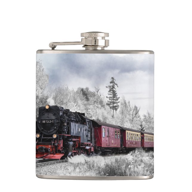 Vintager Zug durch die Winterlandschaft Flachmann (Vorderseite)
