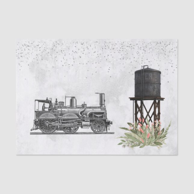 Vintager Zugwasserturm Blumendekoupage Seidenpapier (Vorderseite)