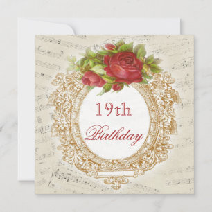 Vintages 19. Geburtstag Rote Rose Frame Music Shee Einladung
