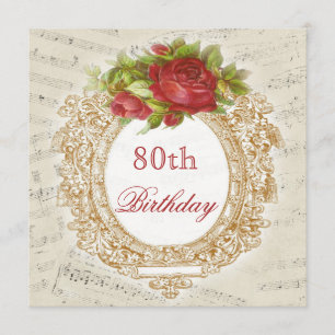 Vintages 80. Geburtstag Rote Rose Frame Music Shee Einladung