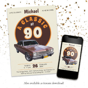Vintages 90. Geburtstag Klassisches Auto Fun Retro Einladung